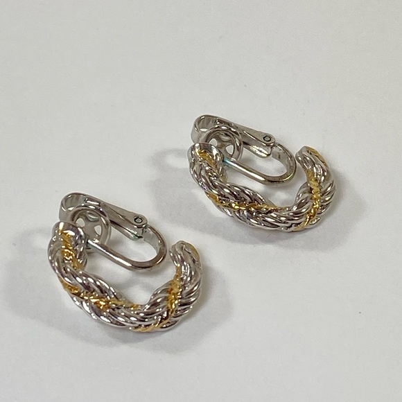Trifari Silver and Gold Toned Twist Clip on Earrings - Picture 2 of 8